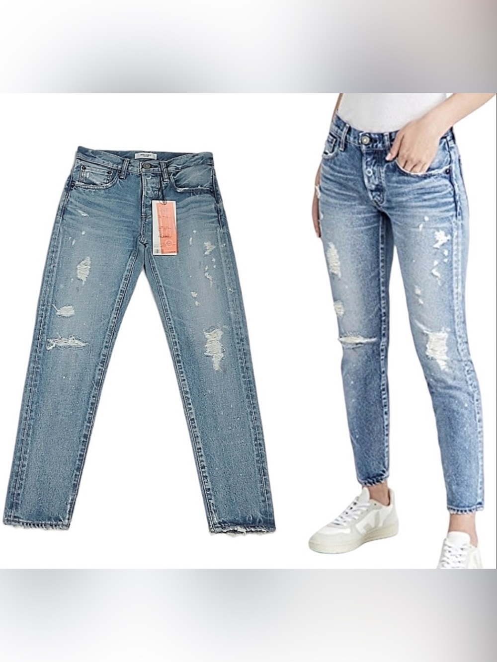 Moussy Vintage Aberdeen Tapered Blue Distressed Button Fly Jeans